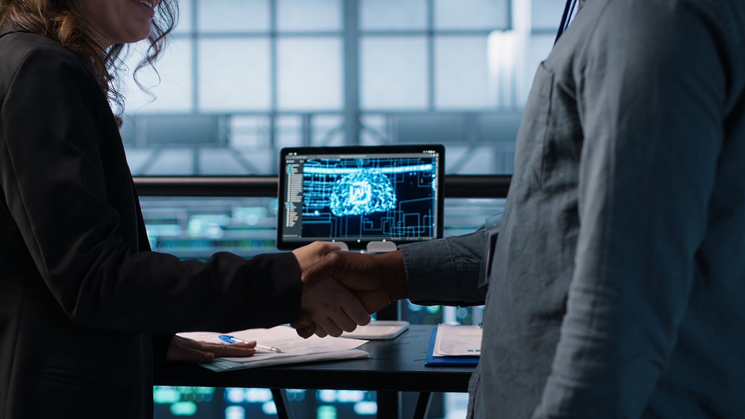 People doing handshake in AI based server farm, checking files, doing deal People doing handshake in AI based server farm, checking files, doing deal