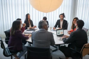Grupo de profissionais de negócios reunidos ao redor de uma mesa redonda em sala de reunião, analisando documentos e gráficos em um laptop, sob luminária esférica de papel.
